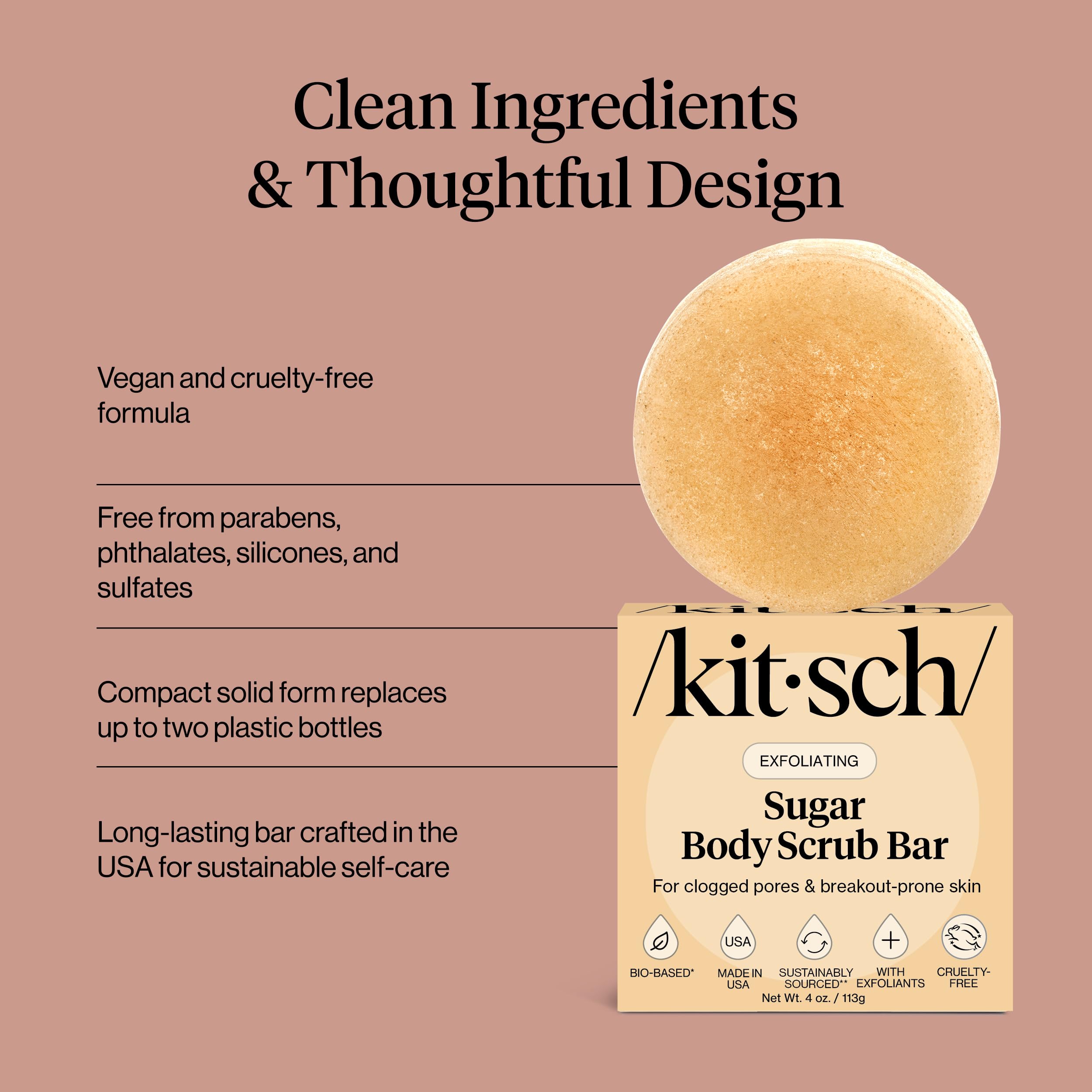 Kitsch exfoliating sugar scrub bar ready-to-use on dry skin before shaving for smooth results