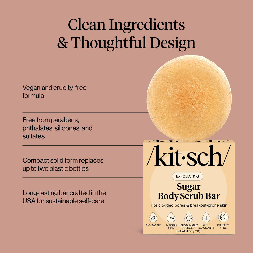 Kitsch exfoliating sugar scrub bar ready-to-use on dry skin before shaving for smooth results