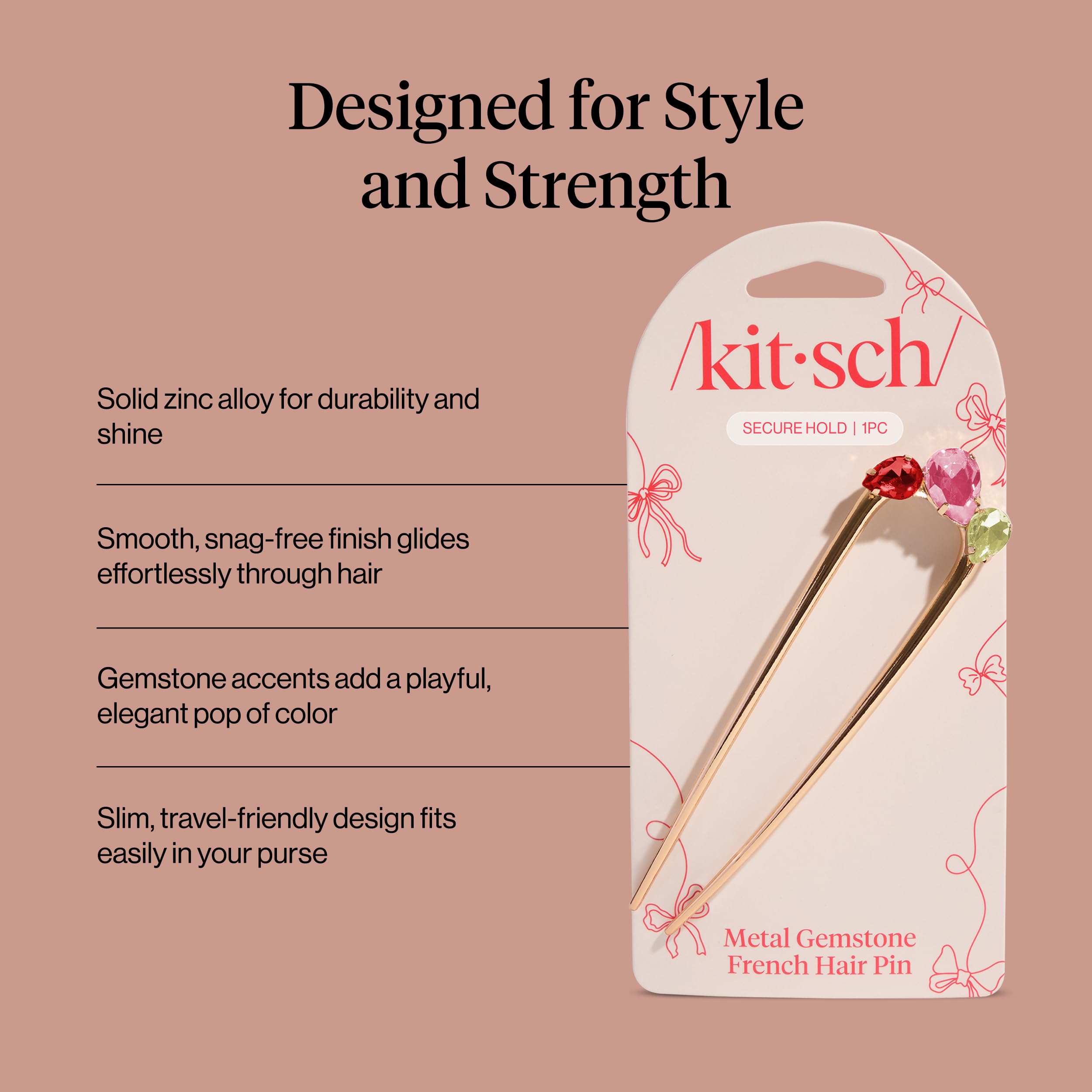 Kitsch French hair pin in purse demonstrates portable styling for quick touch-ups on the go.
