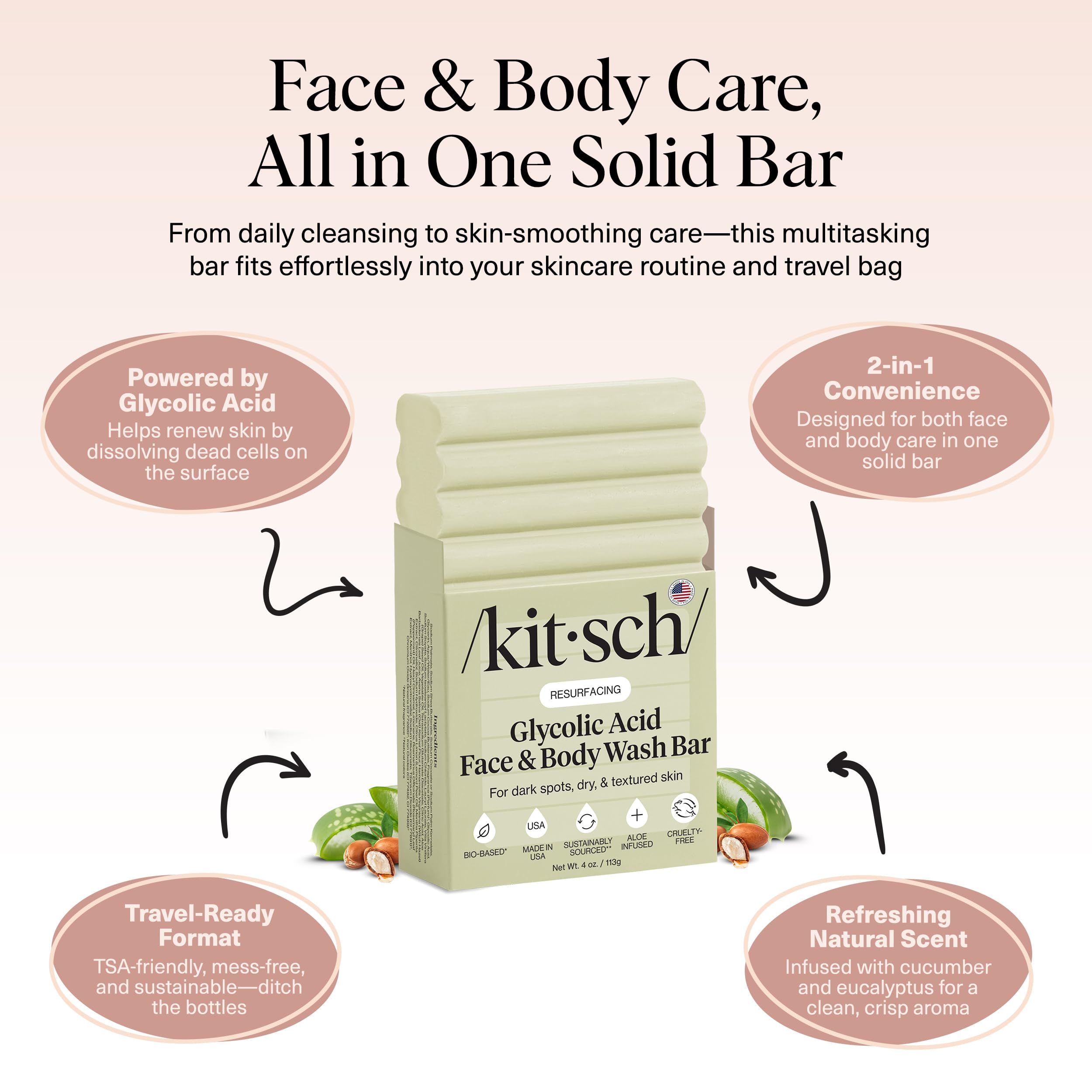 Kitsch glycolic wash bar body-use shows full-body cleansing with pore-friendly exfoliation.