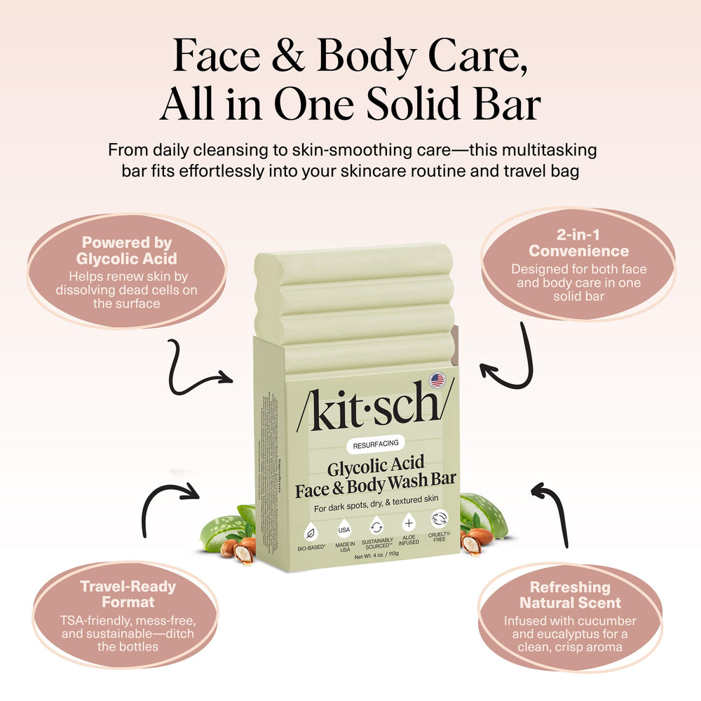 Kitsch glycolic wash bar body-use shows full-body cleansing with pore-friendly exfoliation.