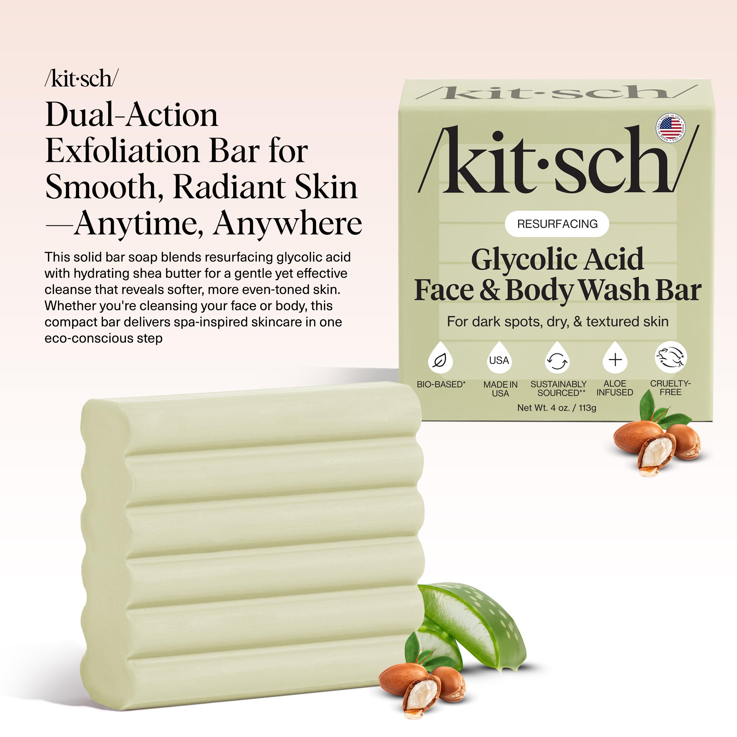 Kitsch glycolic wash bar closeup texture hints at creamy lather for smoother skin.