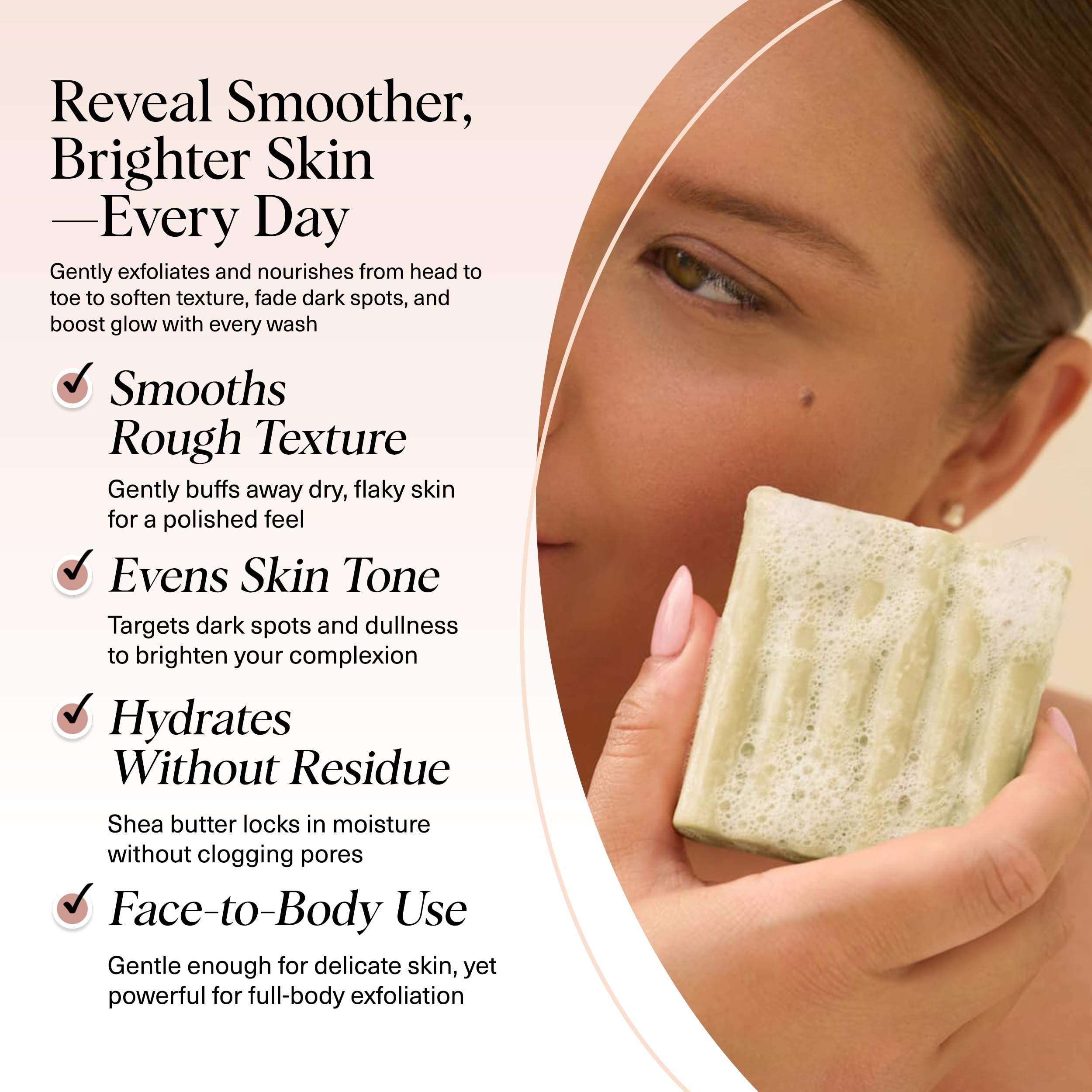 Kitsch glycolic wash bar face-use image suggests gentle exfoliation for even-toned skin.