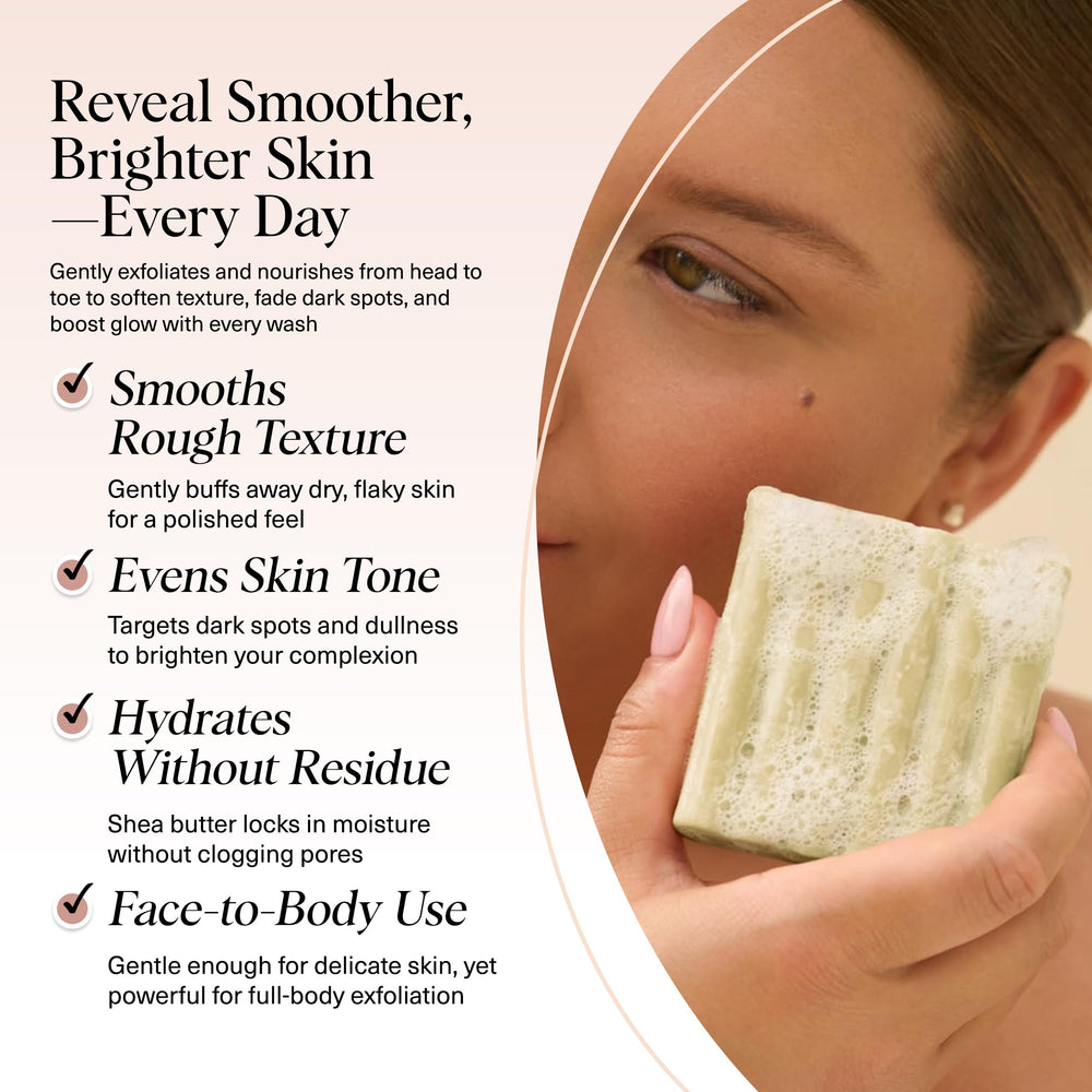 Kitsch glycolic wash bar face-use image suggests gentle exfoliation for even-toned skin.