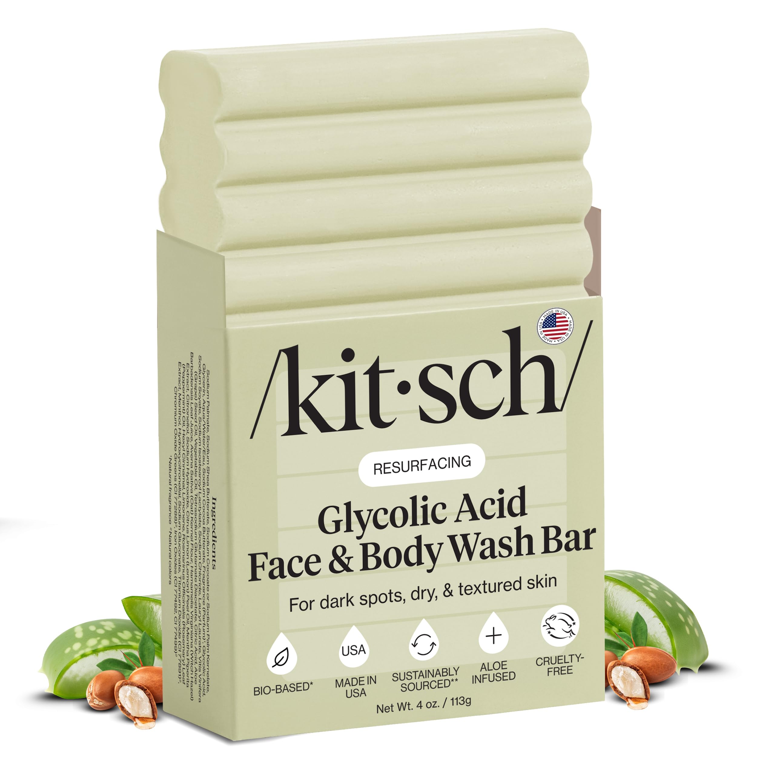Kitsch glycolic wash bar packaging showcases premium design for daily skincare routine.