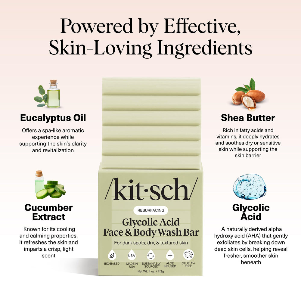 Kitsch wash bar with shea butter nourishes dry skin while exfoliating gently.