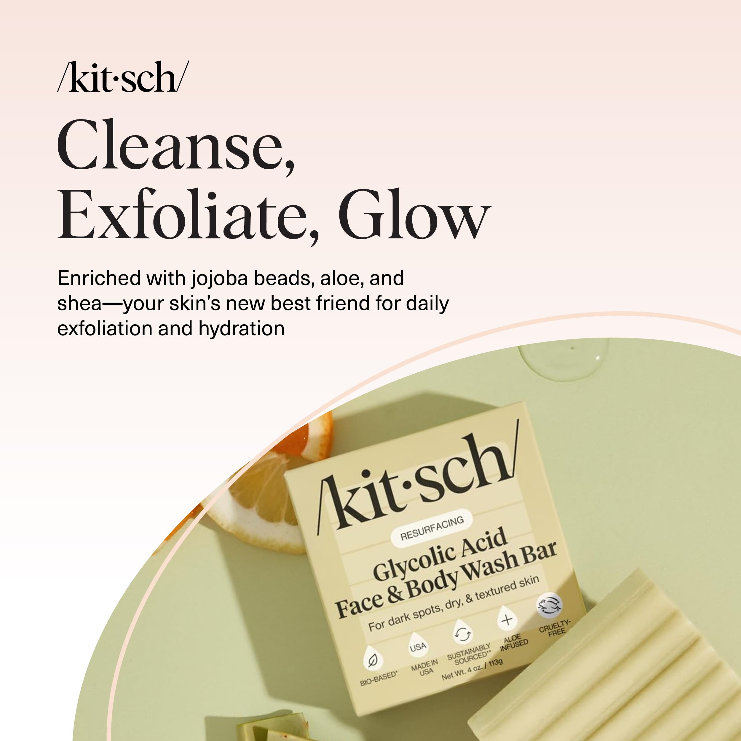 Kitsch travel-size wash bar demonstrates compact skincare on the go.