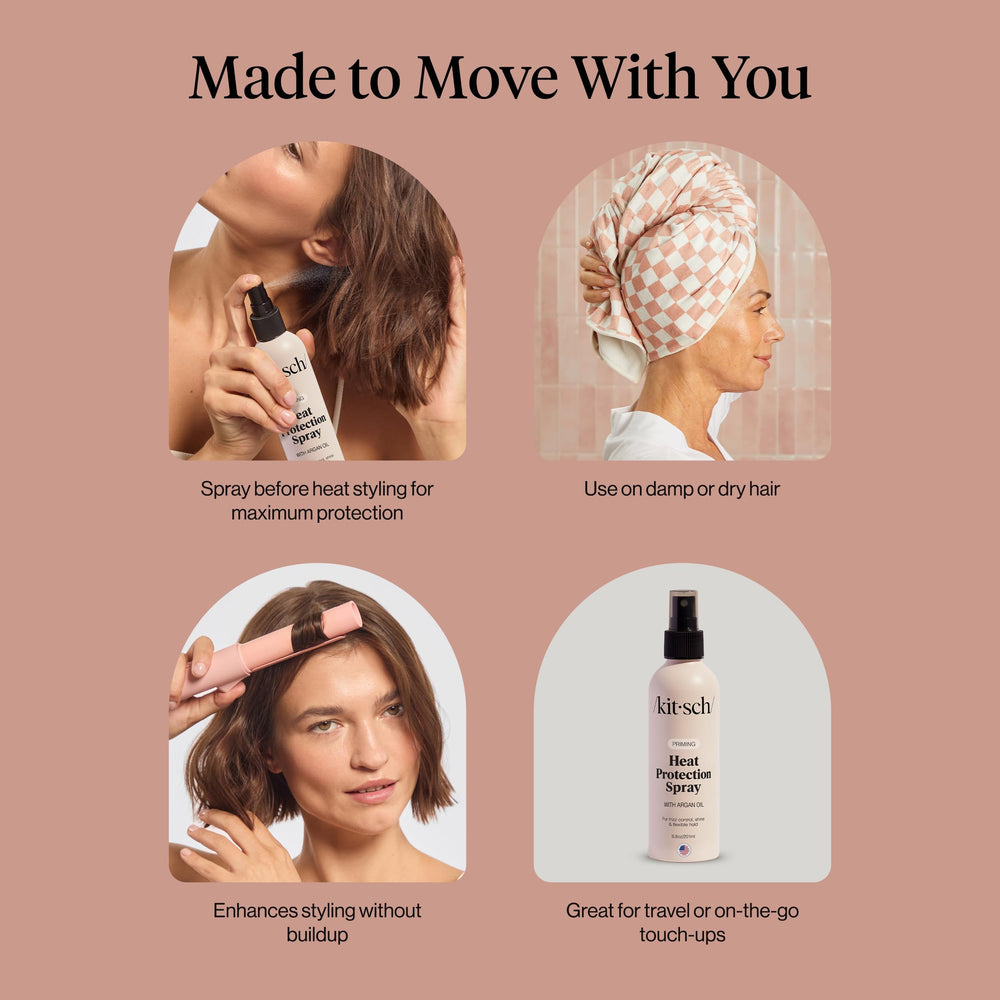 Kitsch heat protection spray displayed on bathroom shelf showcasing clean beauty.