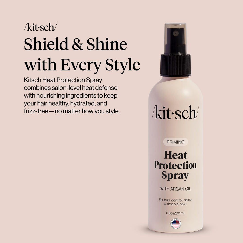 Kitsch heat protection spray bottle close-up with mist cap showing lightweight shine.