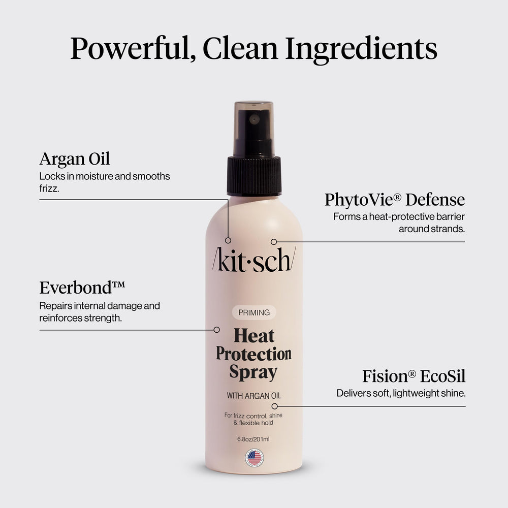 Kitsch heat protection spray beside glossy hair demonstrating frizz control.