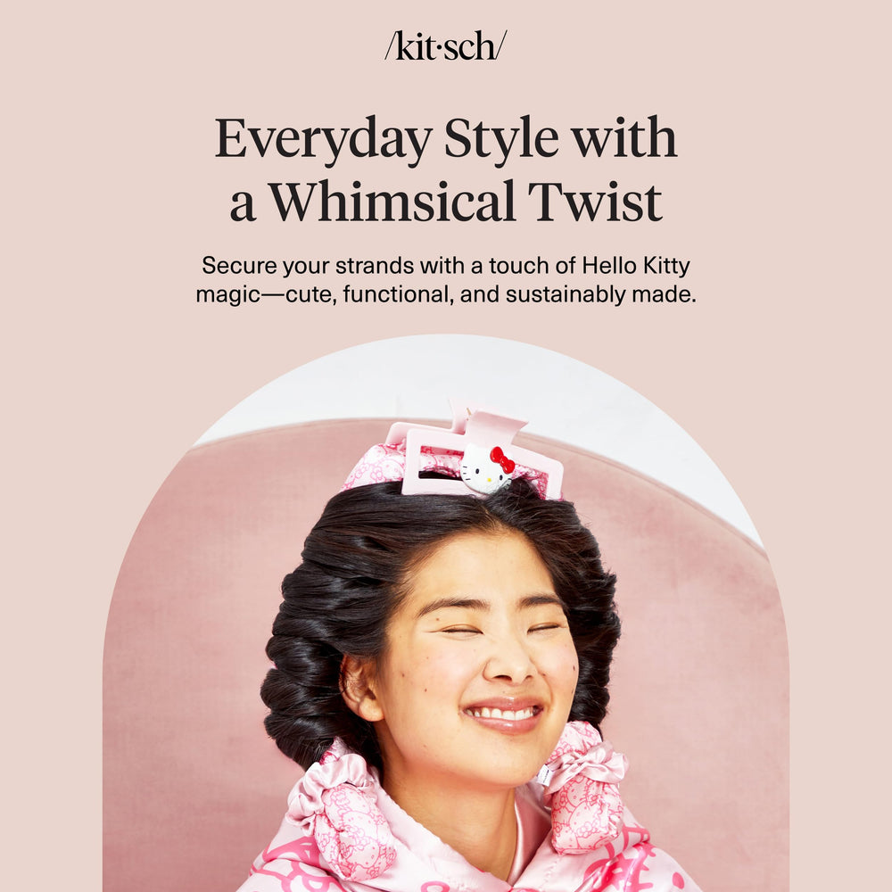 Kitsch Hello Kitty hair clip in-use shows effortless grip during busy mornings
