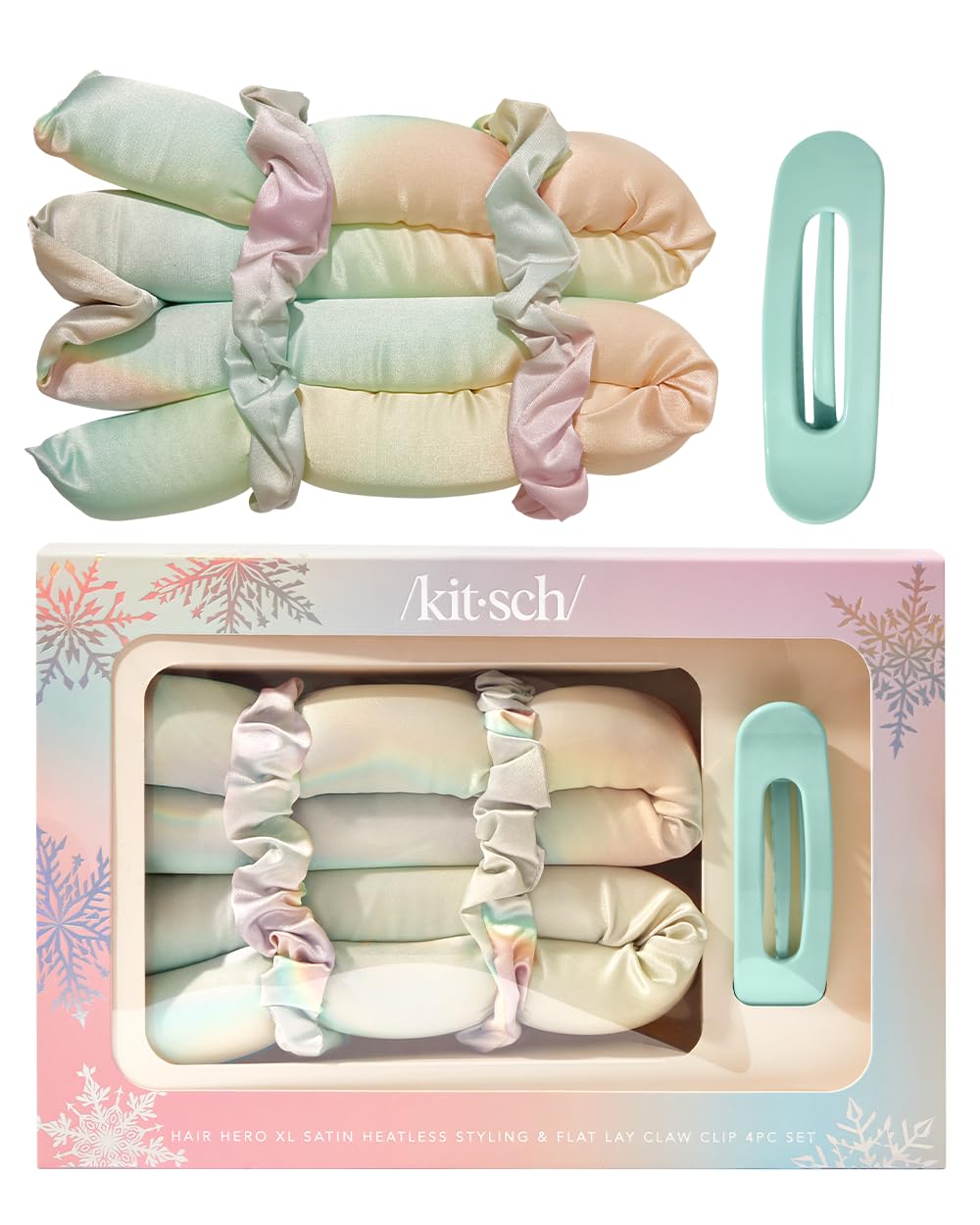 Kitsch Holiday Hair Hero XL satin heatless curler for gentle, heat-free waves.