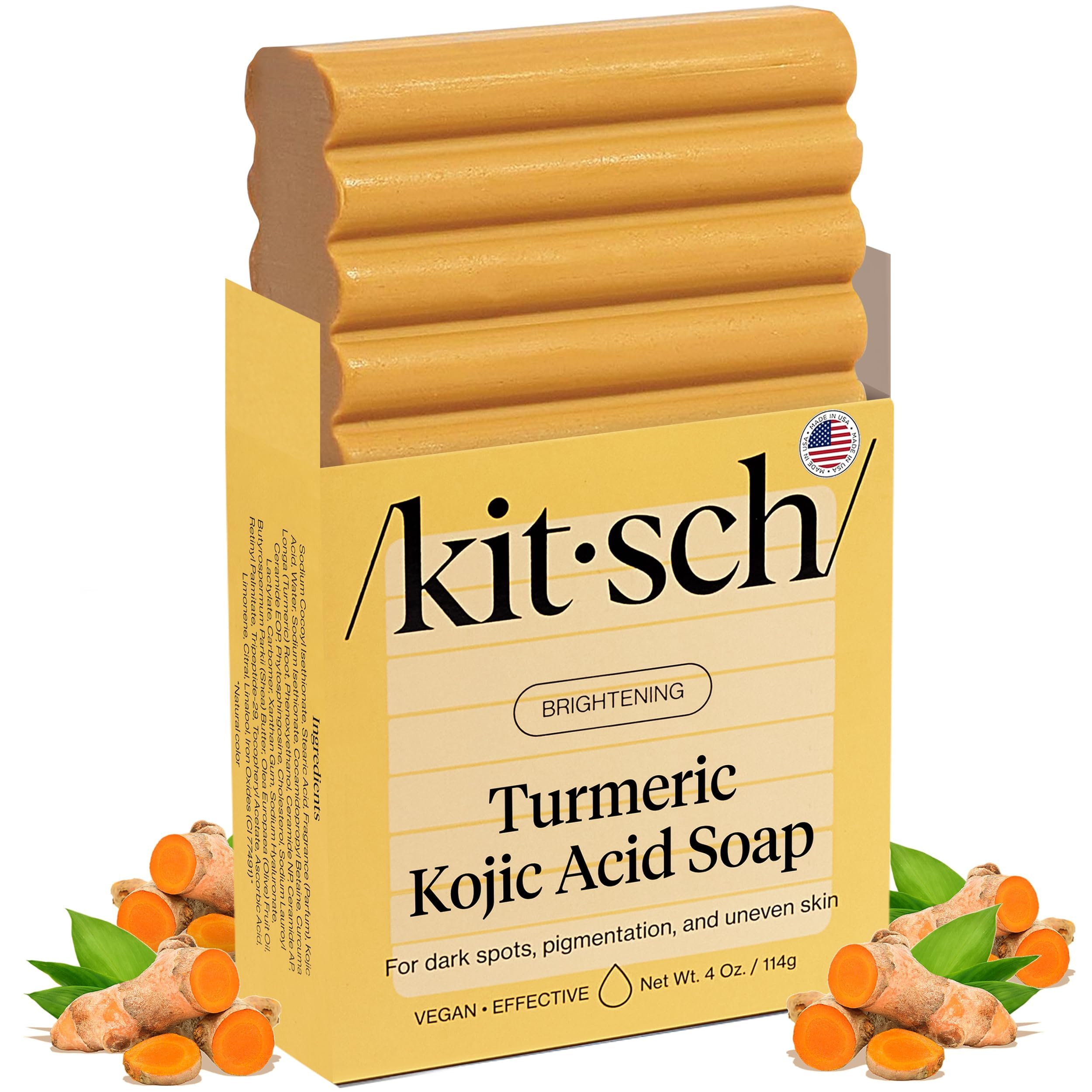 Kitsch Kojic Acid Soap turmeric-bar lather closeup for brightening daily skincare routine.