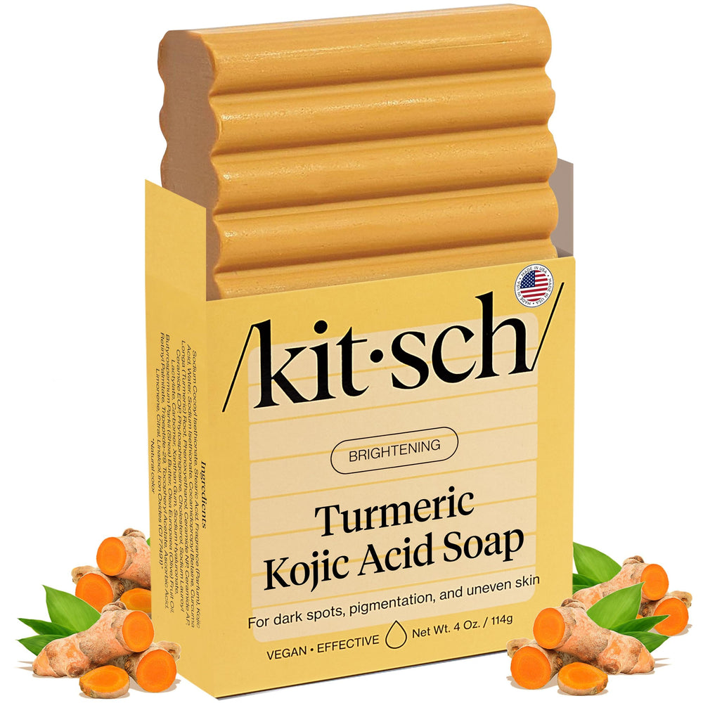 Kitsch Kojic Acid Soap turmeric-bar lather closeup for brightening daily skincare routine.