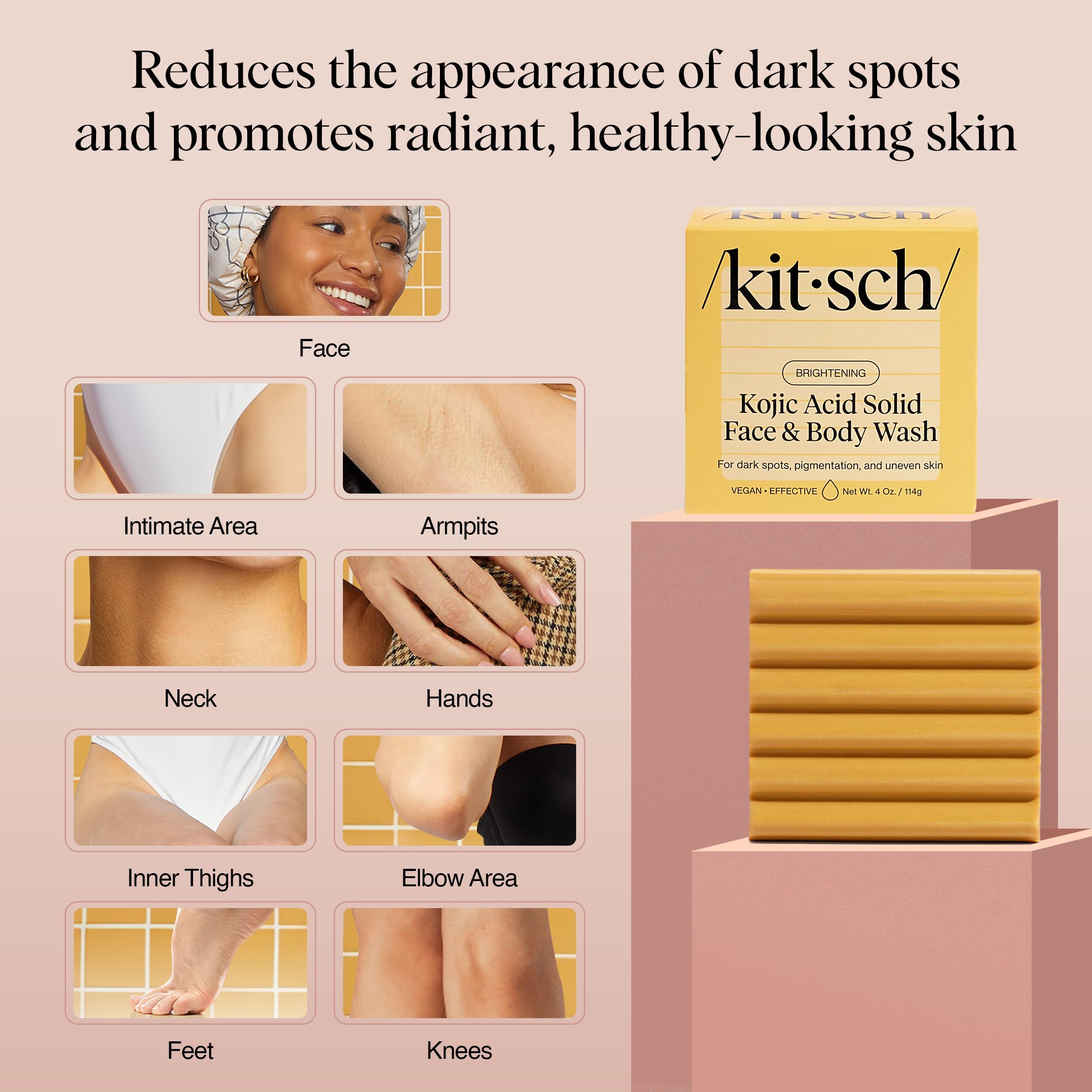 Kitsch Kojic Acid Soap turmeric-bar natural-glow portrayal suggests enhanced radiance.