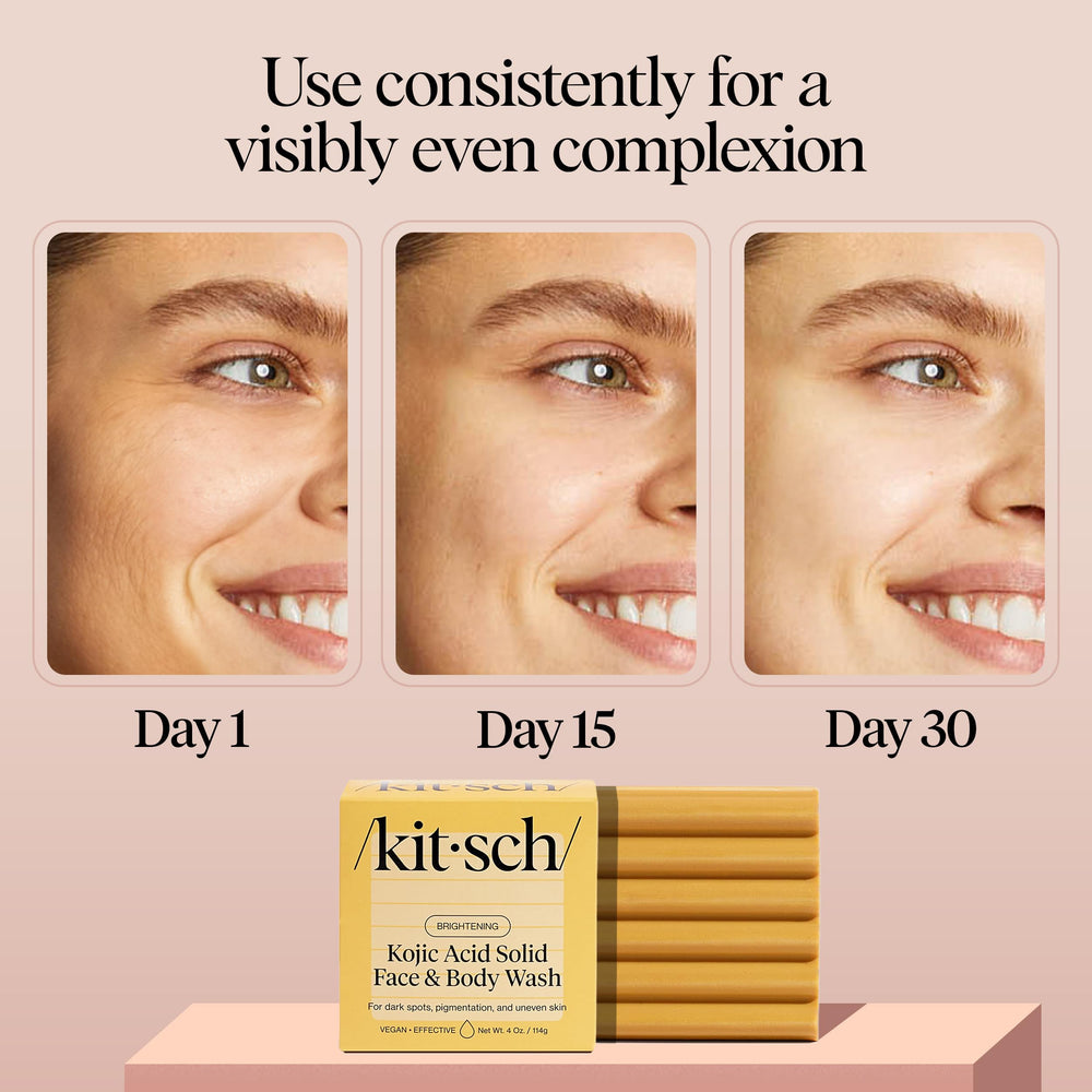 Kitsch Kojic Acid Soap turmeric-bar USA-made packaging signals clean, domestic production.