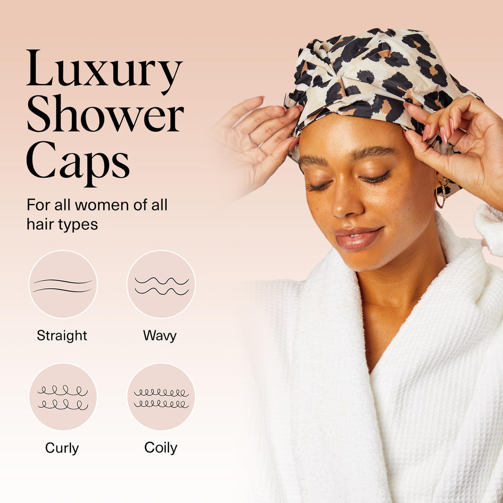 Kitsch leopard shower cap large fit accommodates all hair lengths.