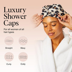 Kitsch leopard shower cap large fit accommodates all hair lengths.