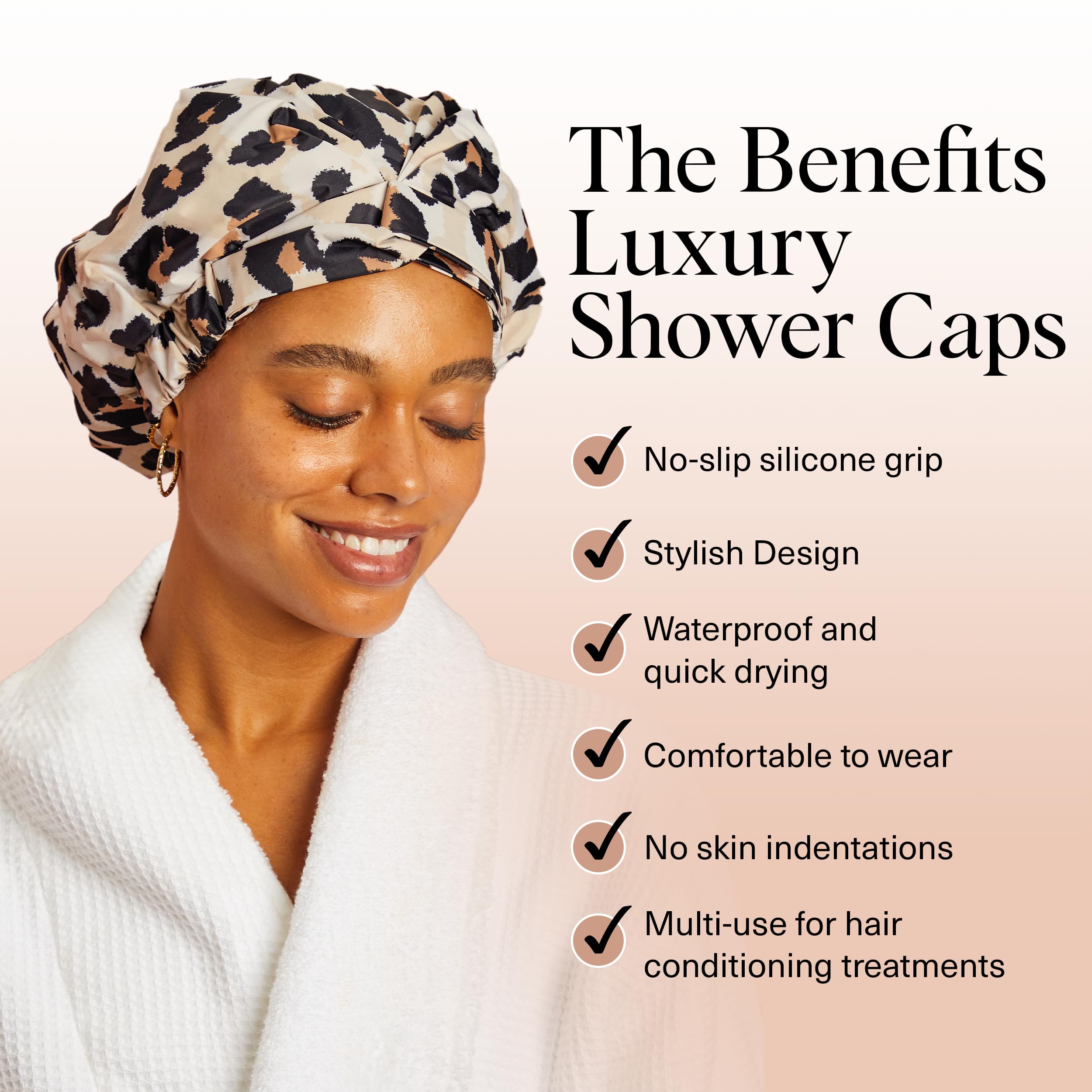 Kitsch leopard shower cap close-up shows non-slip grip for secure wear.