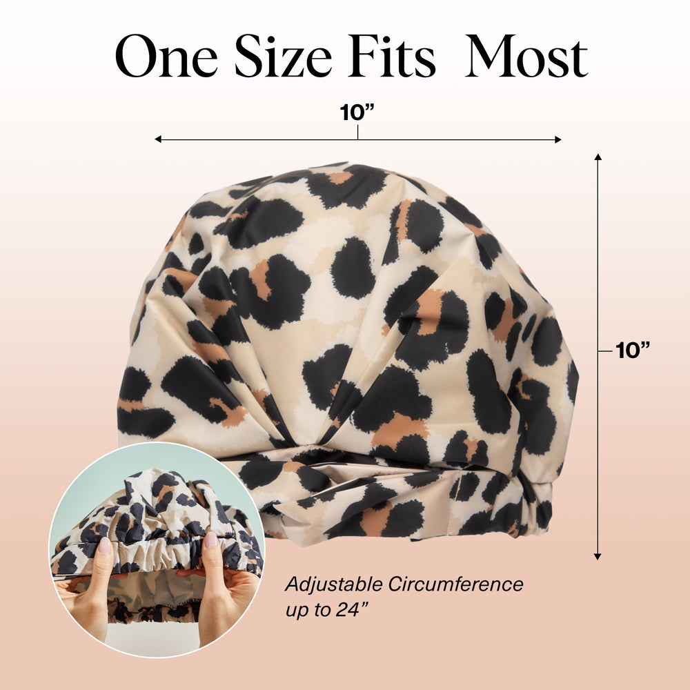 Kitsch leopard shower cap stylish leopard print adds luxury to routine.