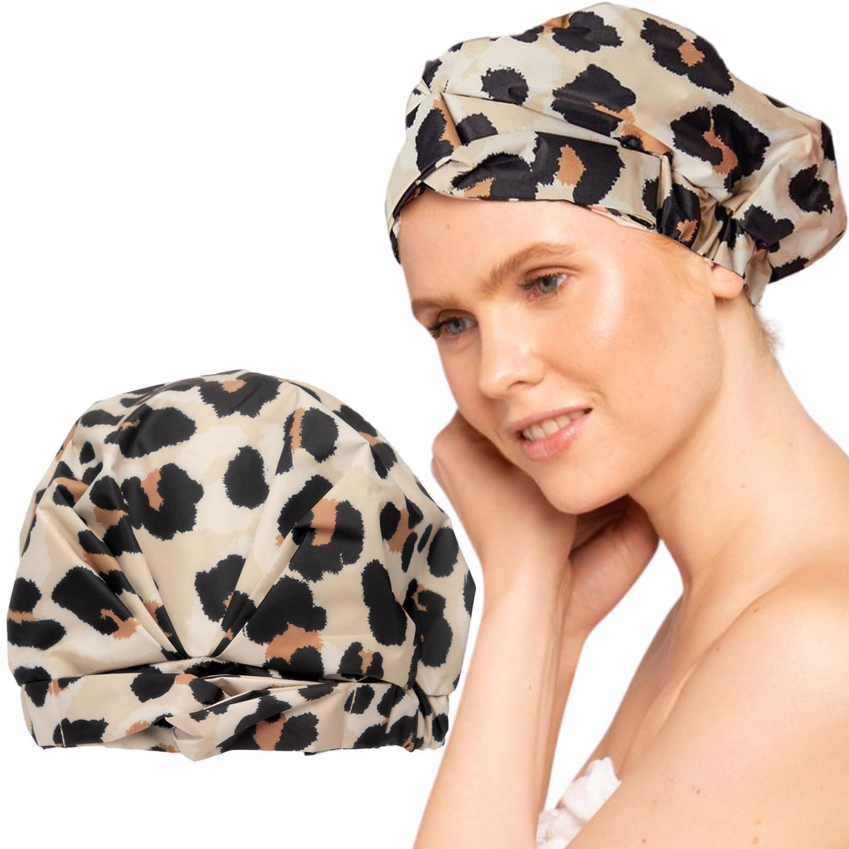 Kitsch leopard shower cap with waterproof fabric keeps hair dry during showers.