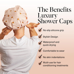 Kitsch luxury shower cap in bathroom mirror demonstrates secure fit and style.