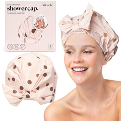 Kitsch luxury shower cap blush-dot closeup protects hair from water while showering.