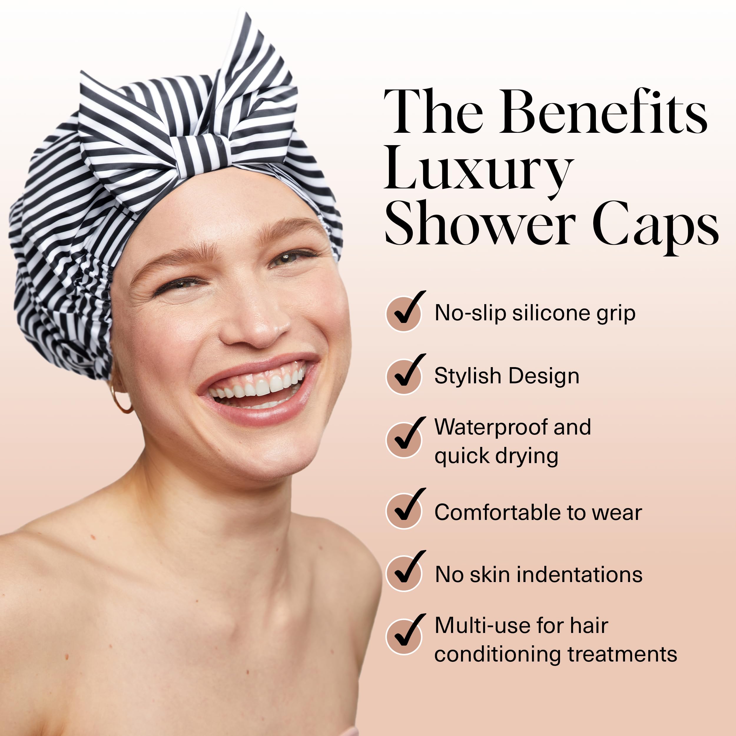 Kitsch luxury shower cap with non-slip grip stays in place after bathing.