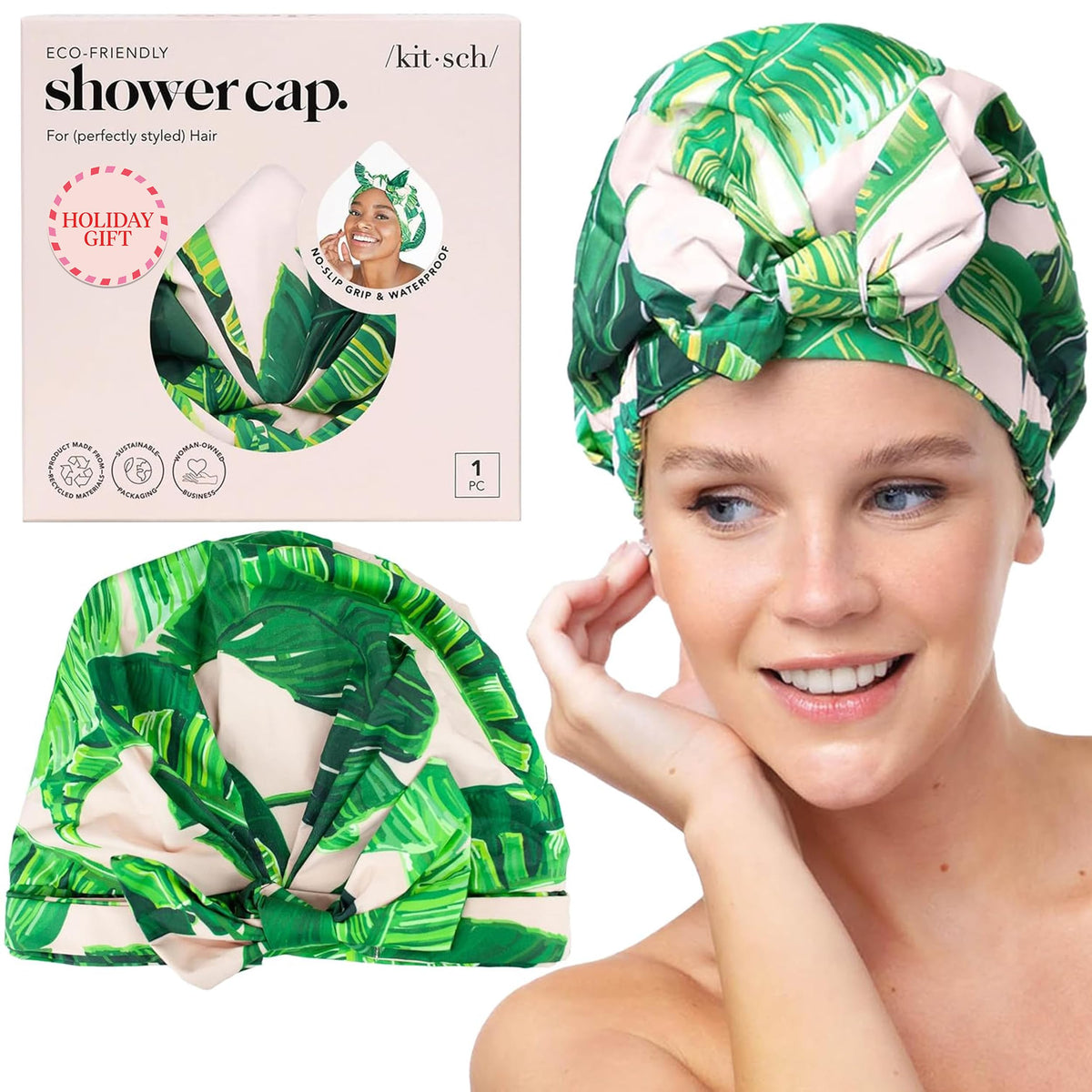 Kitsch luxury shower cap with palm leaves design keeps hair dry during showers.