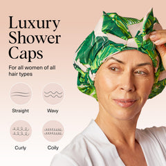 Kitsch shower cap stretch-fit non-slip band keeps cap in place after shower.