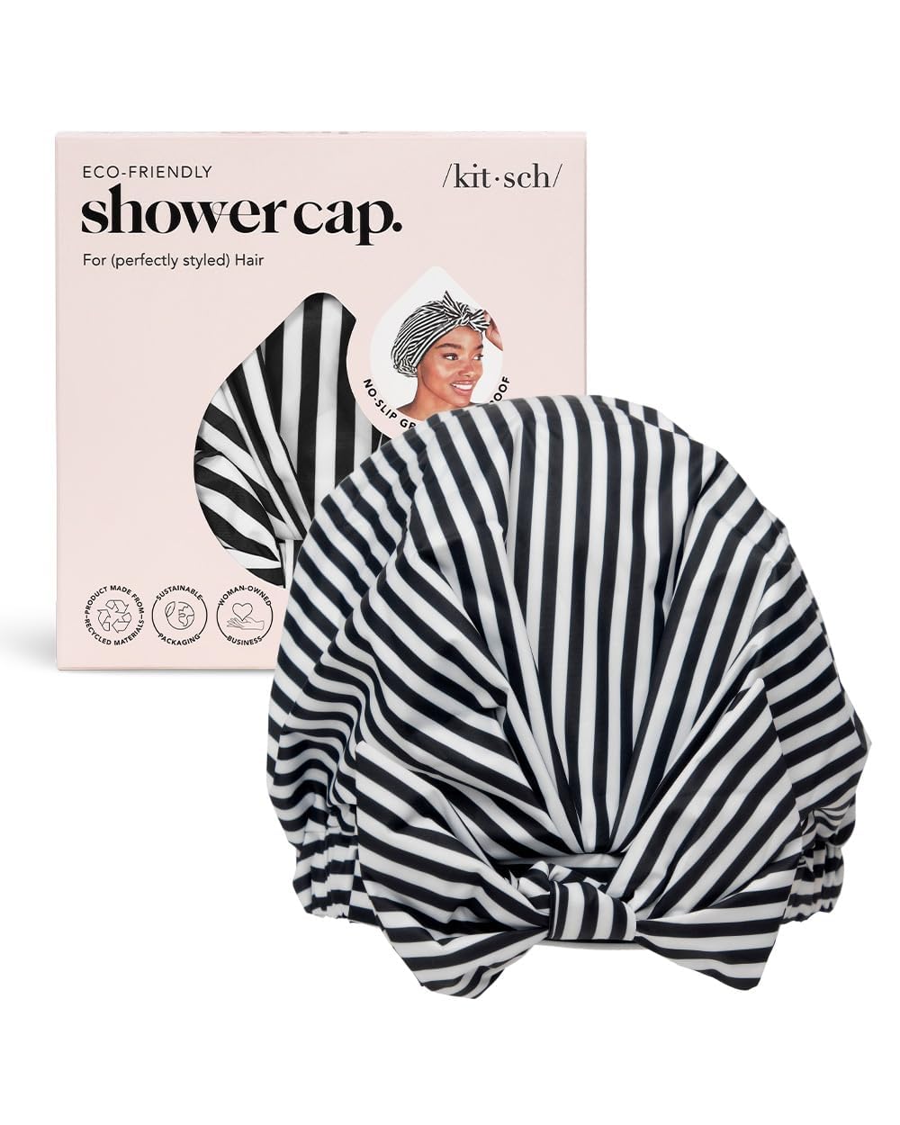 Kitsch luxury shower cap striped design protects hair during showers with stylish flair.