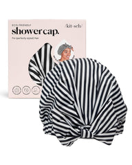 Kitsch luxury shower cap striped design protects hair during showers with stylish flair.