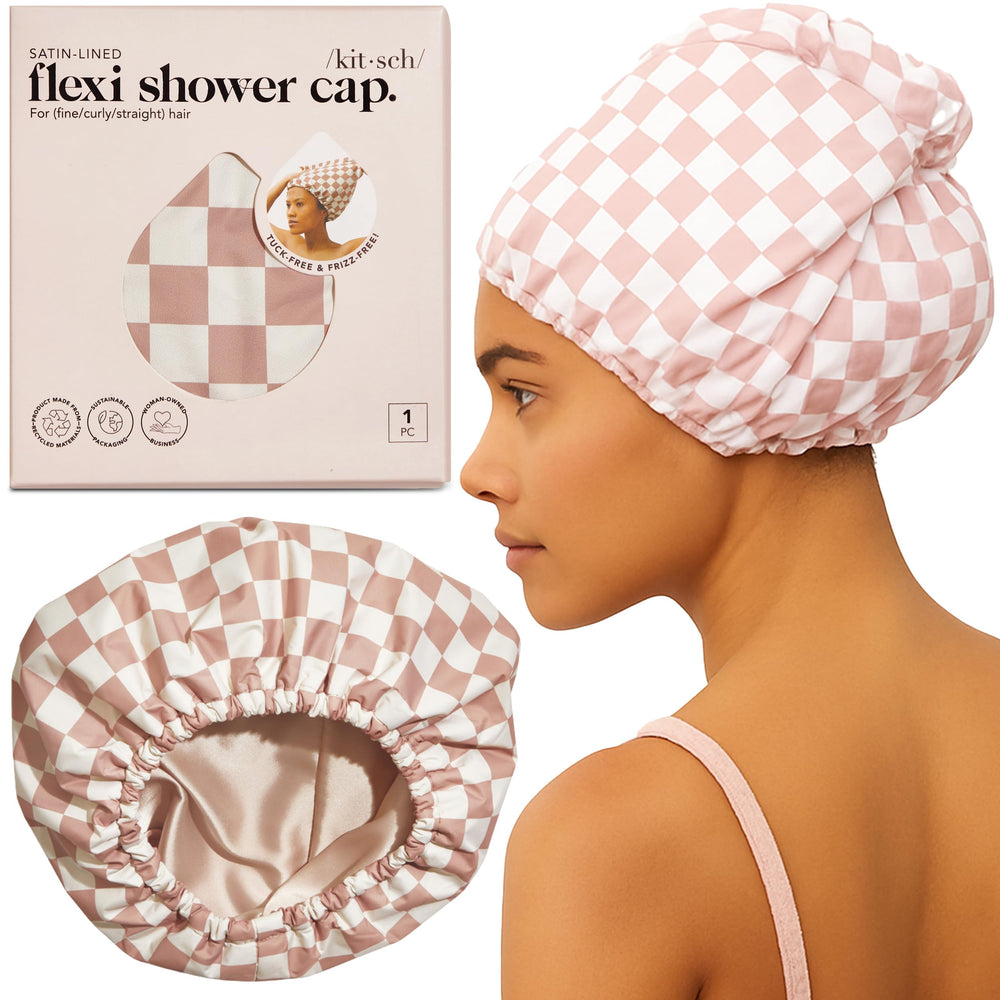 Kitsch luxury shower cap terracotta checker pattern keeps hair dry during styling.