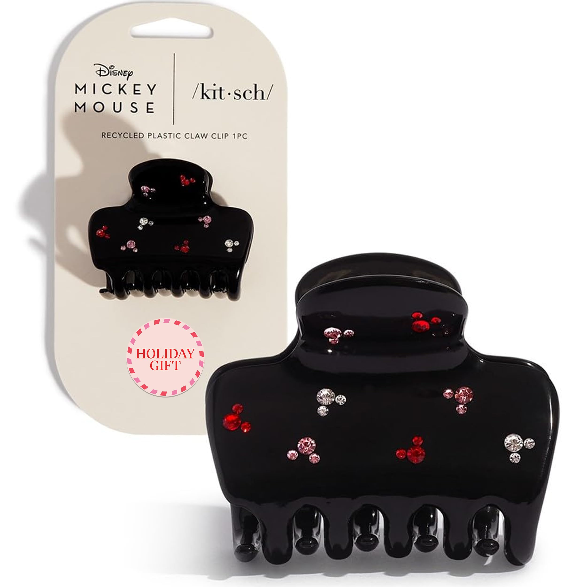 Kitsch Mickey/Minnie hair claw in black rhinestones offers secure hold for daily wear.