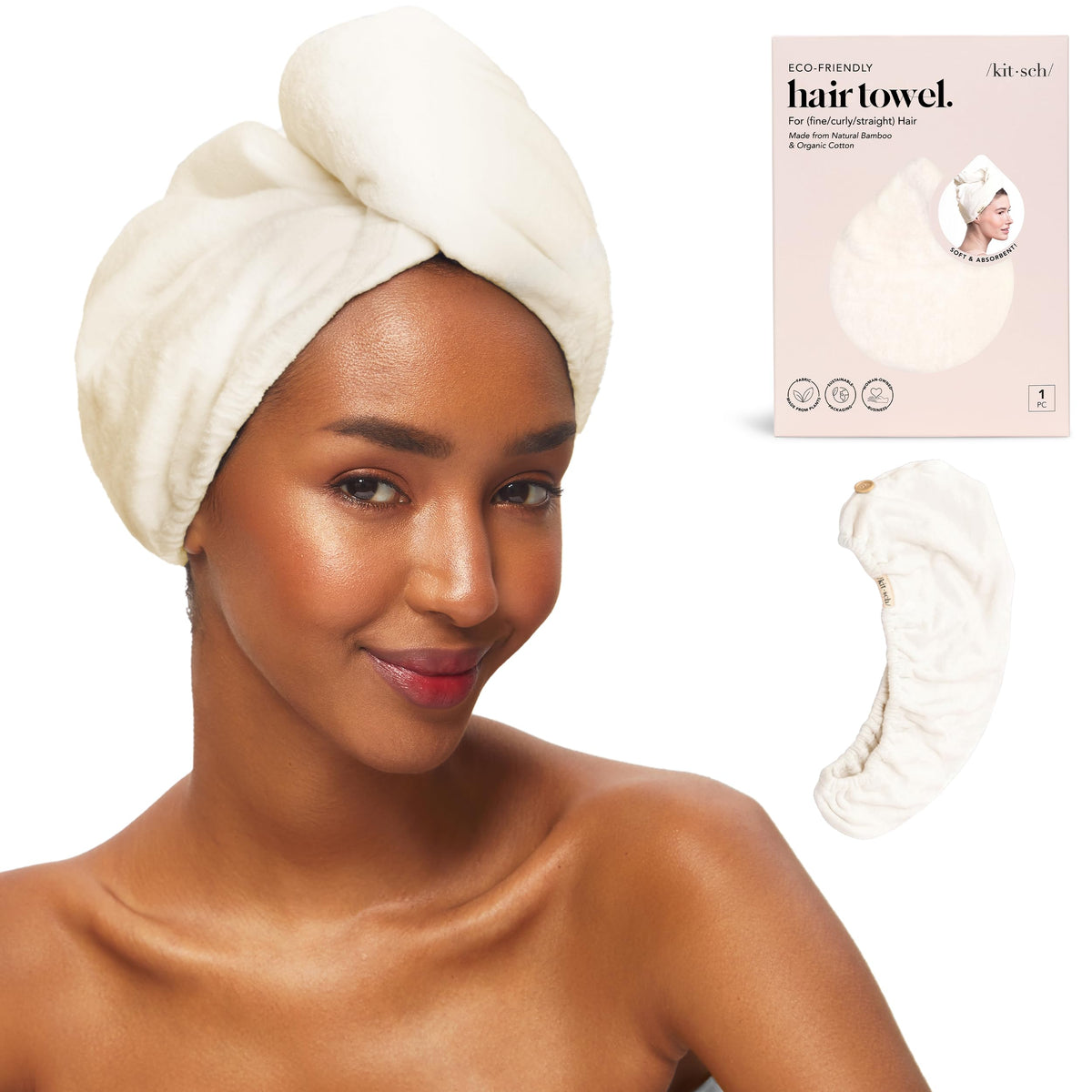 Kitsch microfiber hair towel wrap ultra-soft fibers speed-dry hair with gentle, frizz-reducing care.