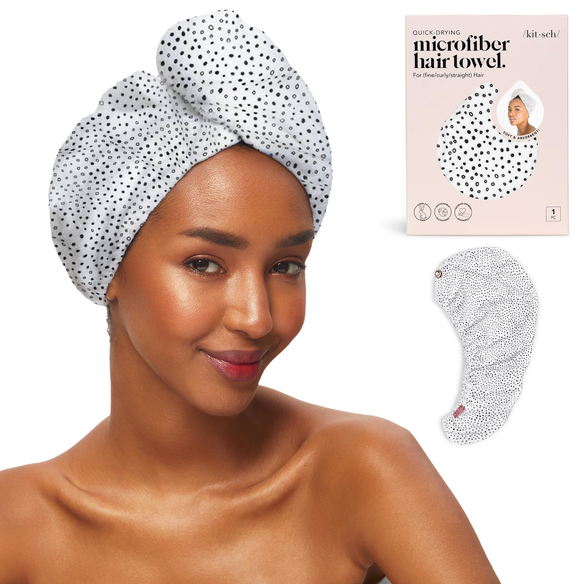 Kitsch microfiber hair towel wrap ultra-soft; quick-drying for busy mornings.