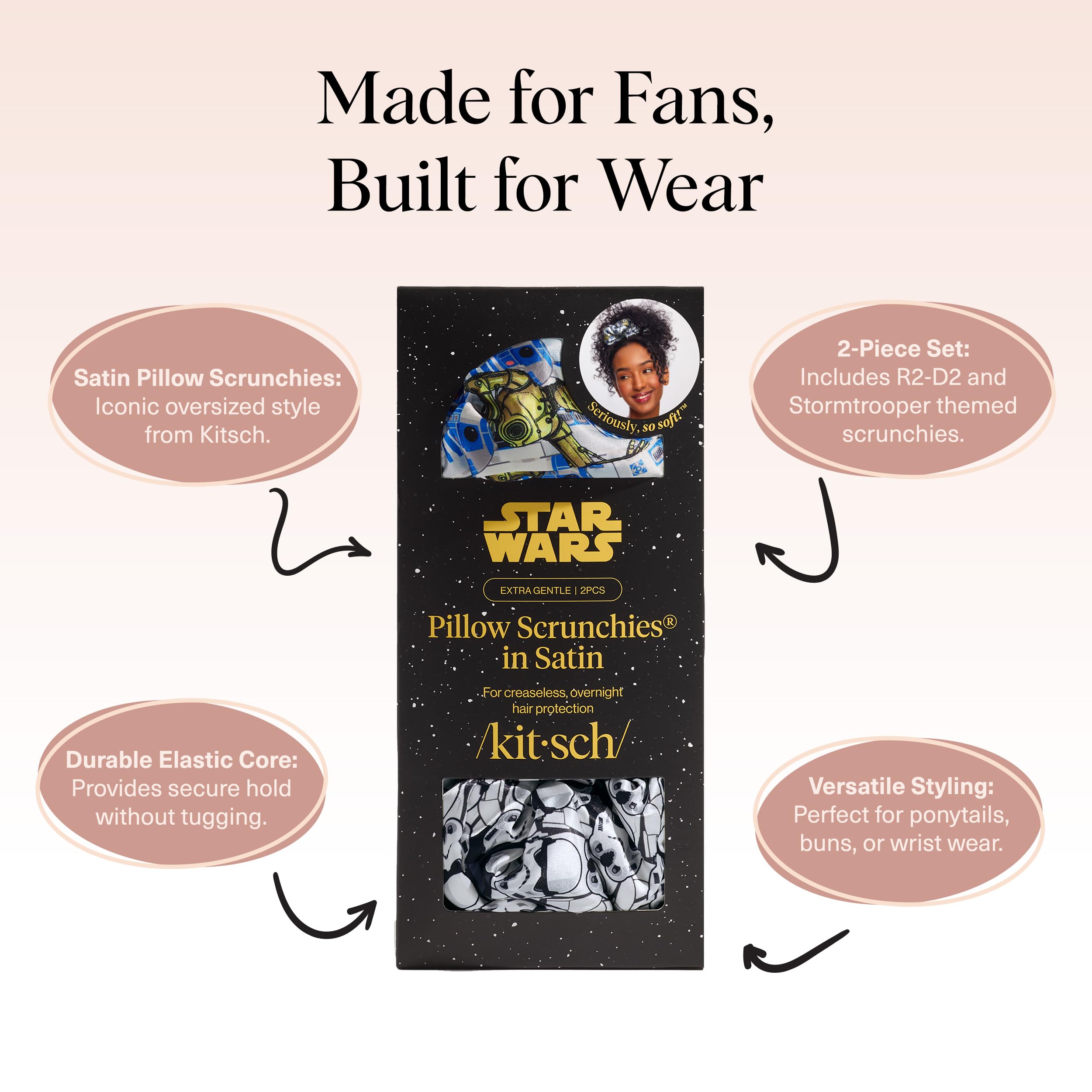 Kitsch creaseless satin scrunchie glides through hair, reducing dents during sleep.