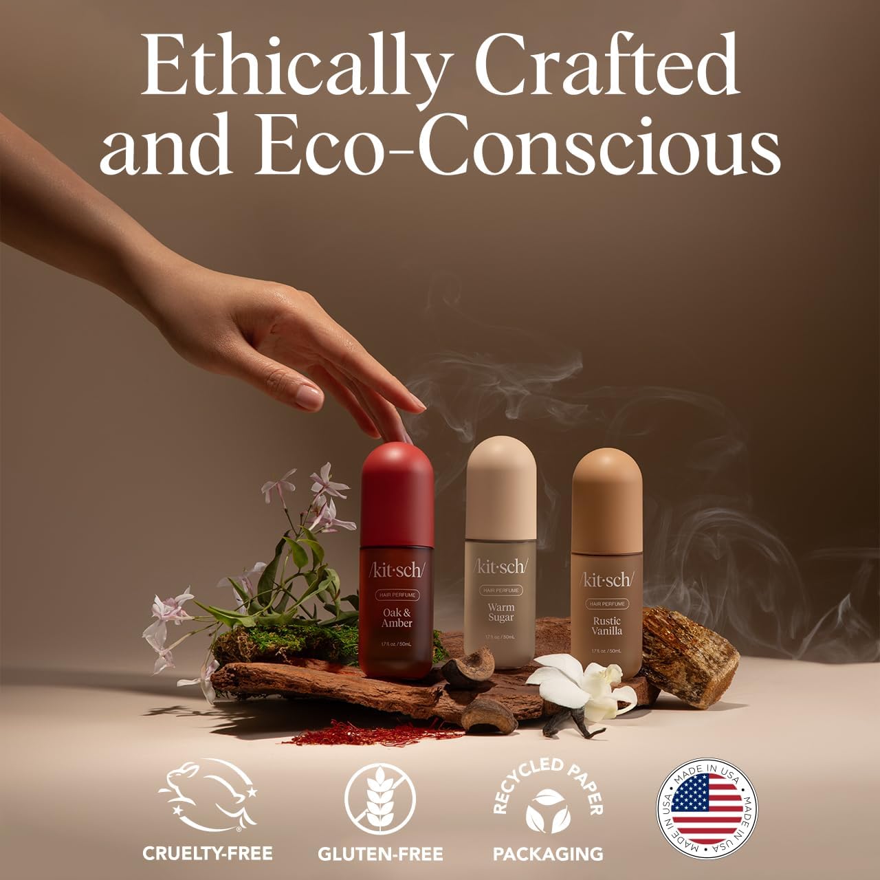 Kitsch Oak & Amber body mist applied to skin for light fragrance.