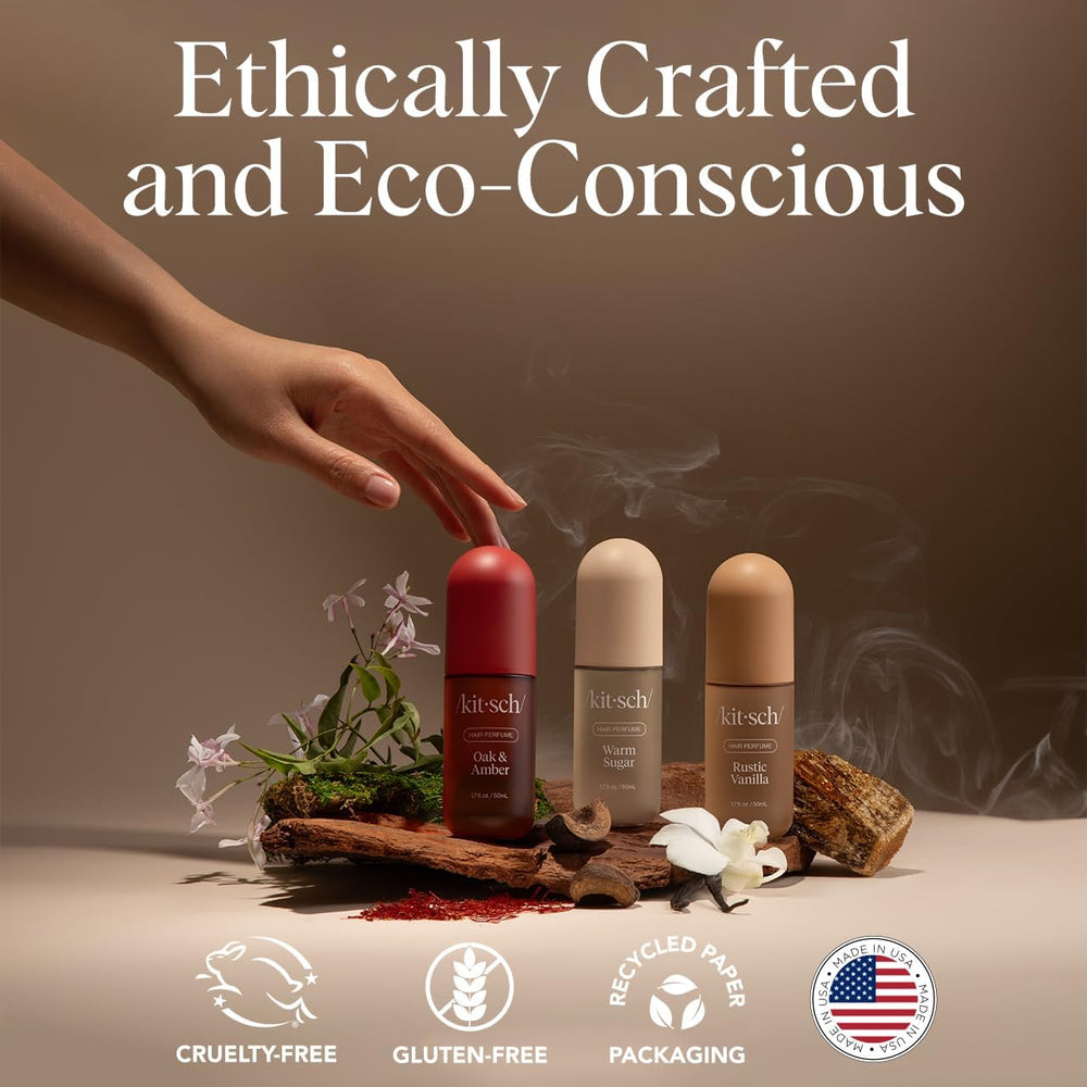 Kitsch Oak & Amber body mist applied to skin for light fragrance.