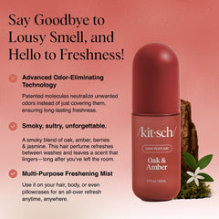 Kitsch Oak & Amber hair mist being spritzed for quick refresh.