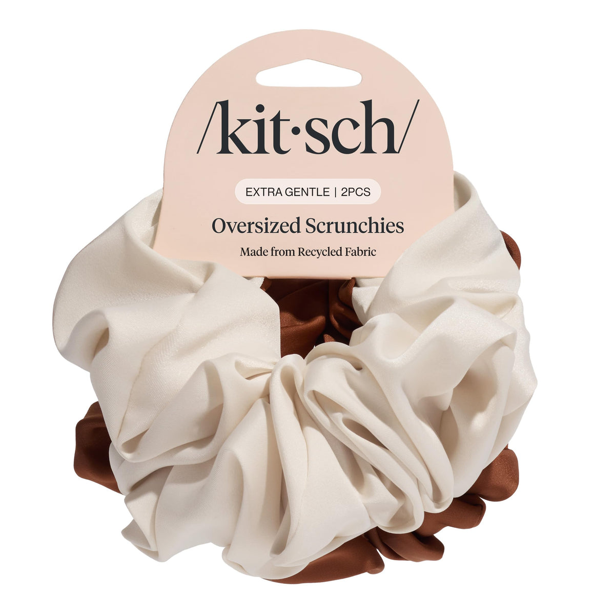 Kitsch recycled satin oversized scrunchie in camel shows soft texture for gentle daily wear.