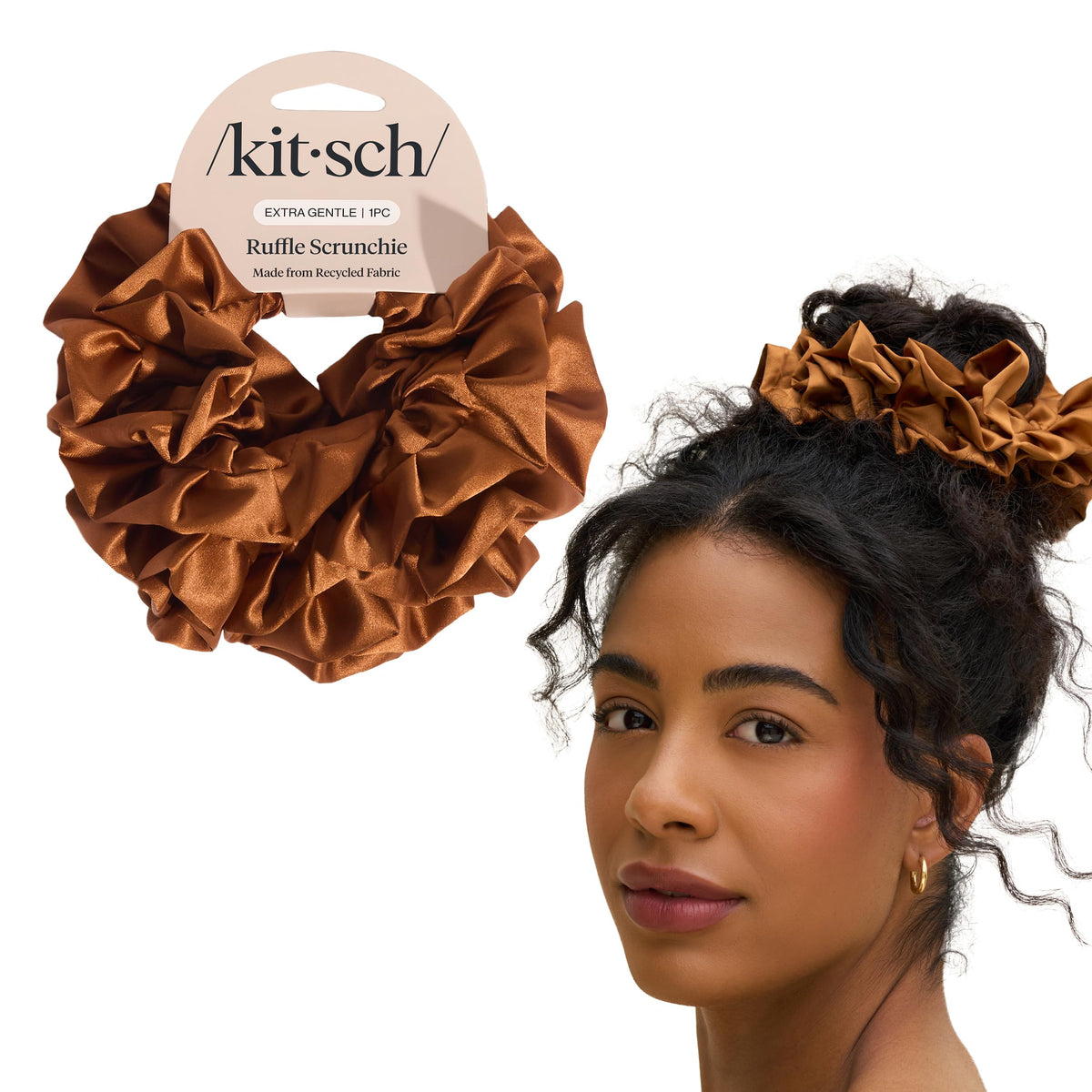 Kitsch recycled satin ruffle scrunchie camel front view for gentle secure hold