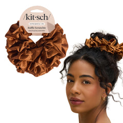 Kitsch recycled satin ruffle scrunchie camel front view for gentle secure hold