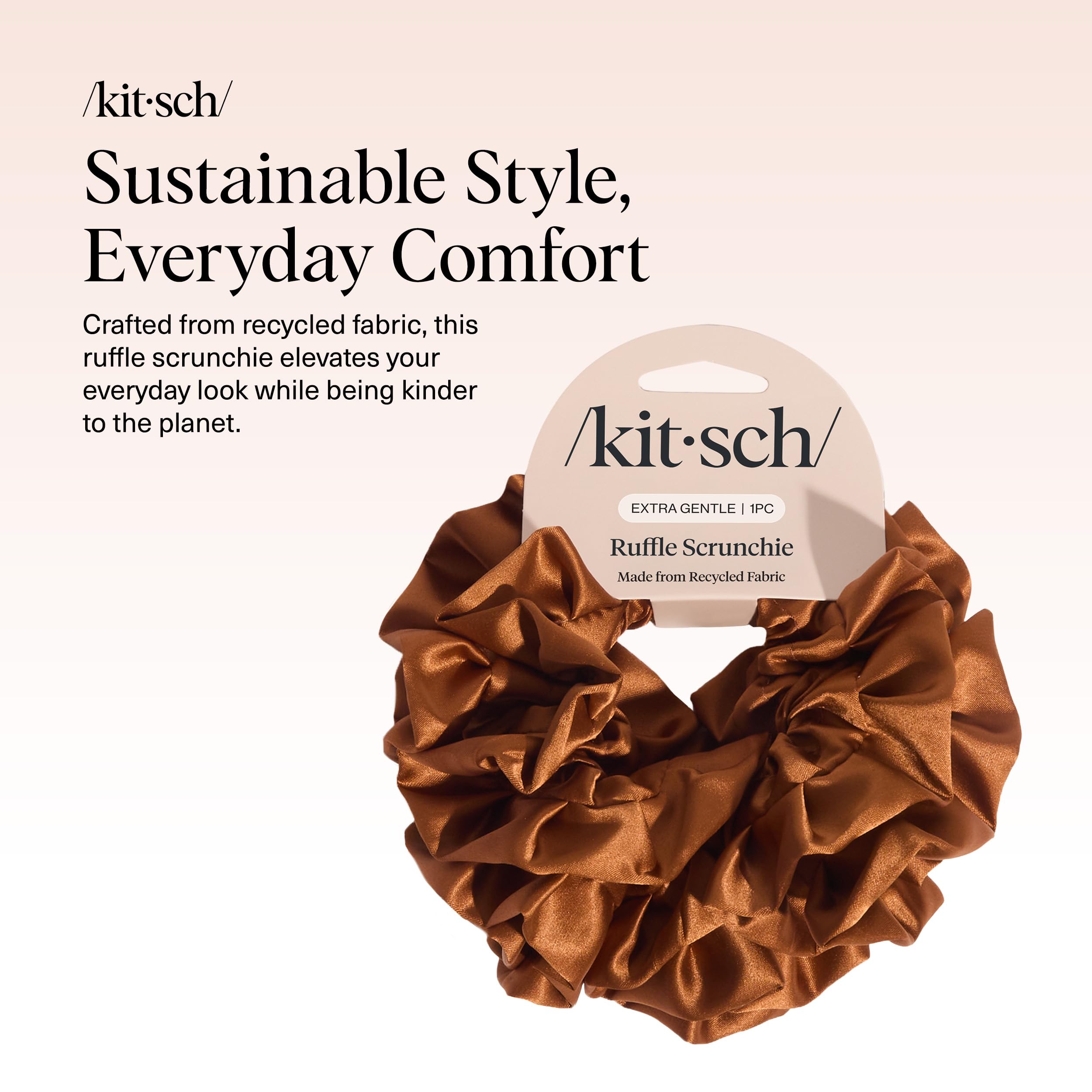 Kitsch camel scrunchie worn in ponytail demonstrates versatile style with gentle hold