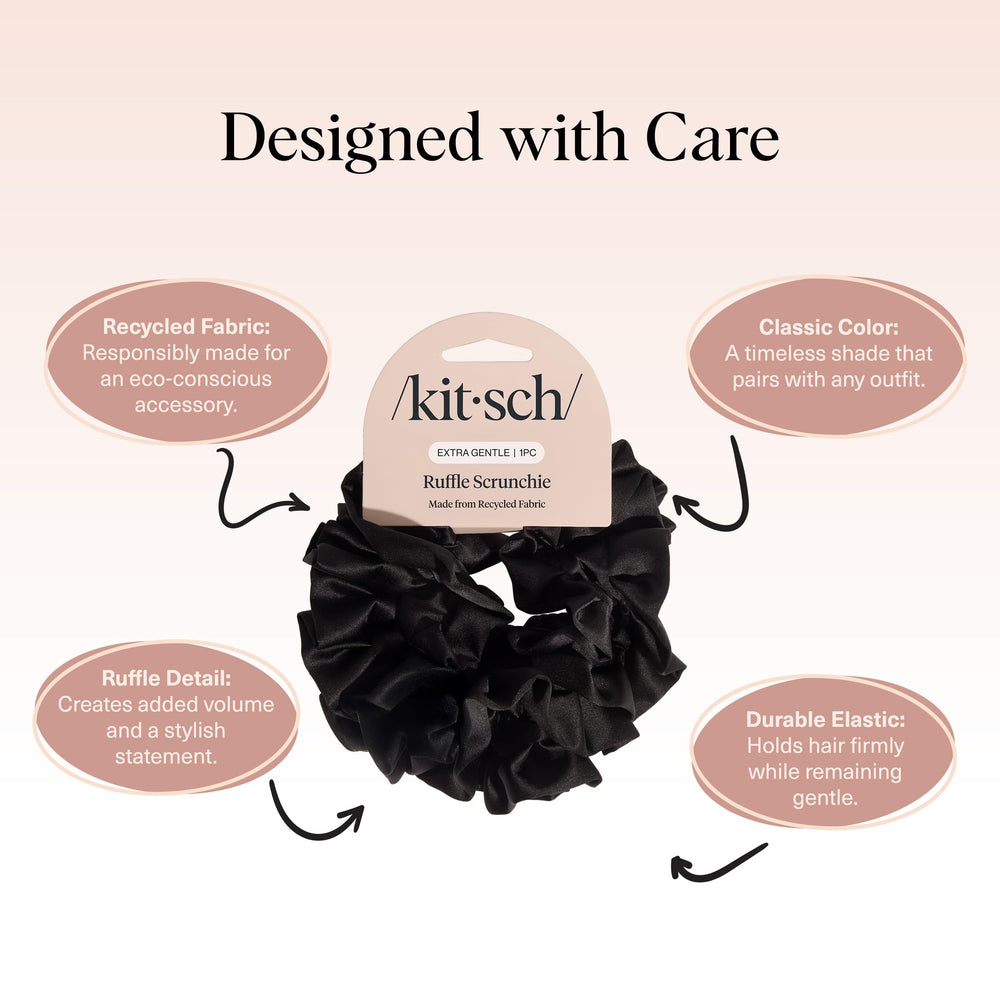 Kitsch recycled satin ruffle scrunchie in bun black offers gentle hold for all hair types