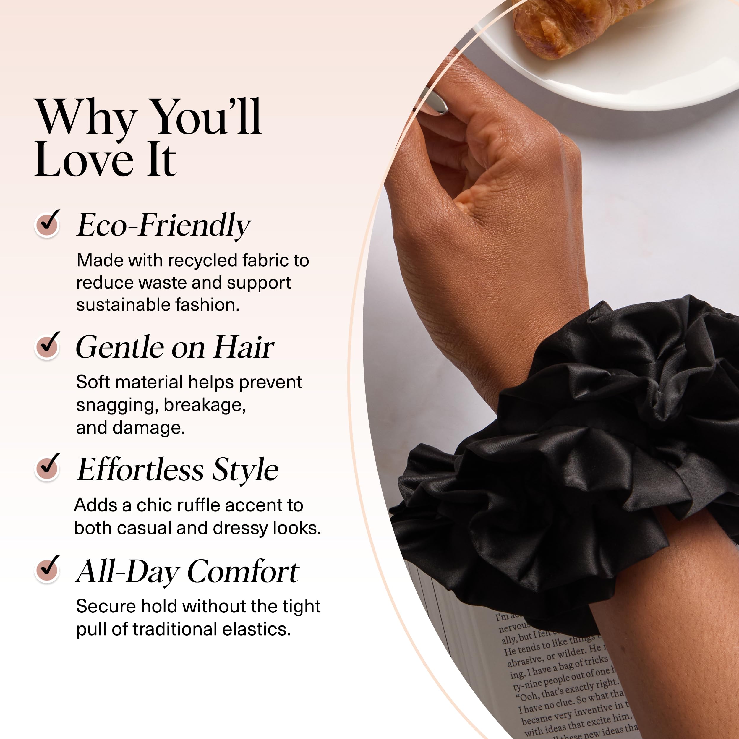 Kitsch recycled satin ruffle scrunchie in ponytail black for secure, crease-free hair