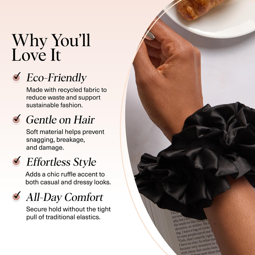 Kitsch recycled satin ruffle scrunchie in ponytail black for secure, crease-free hair