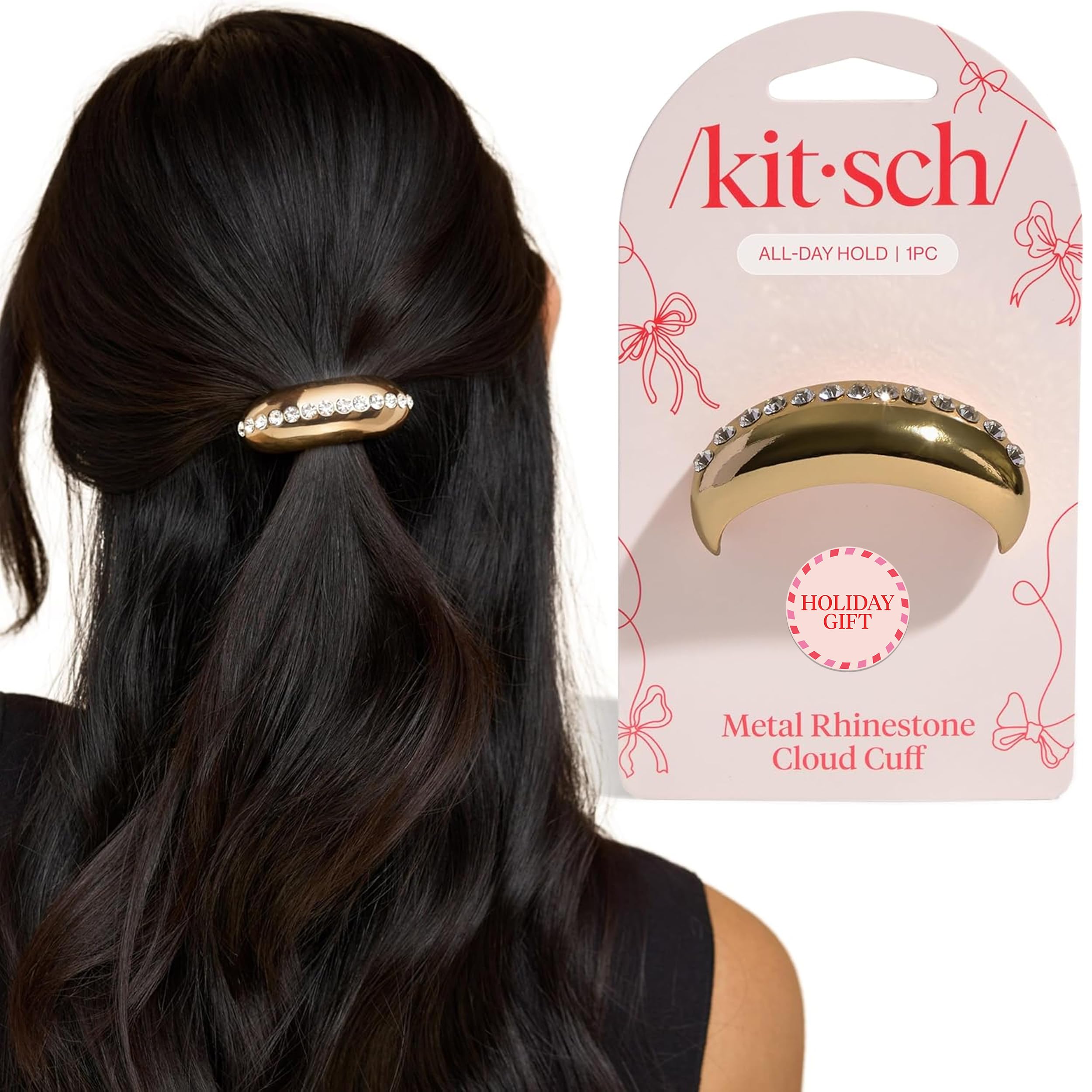 Kitsch rhinestone hair cuff on a sleek ponytail adds subtle shimmer for everyday style.