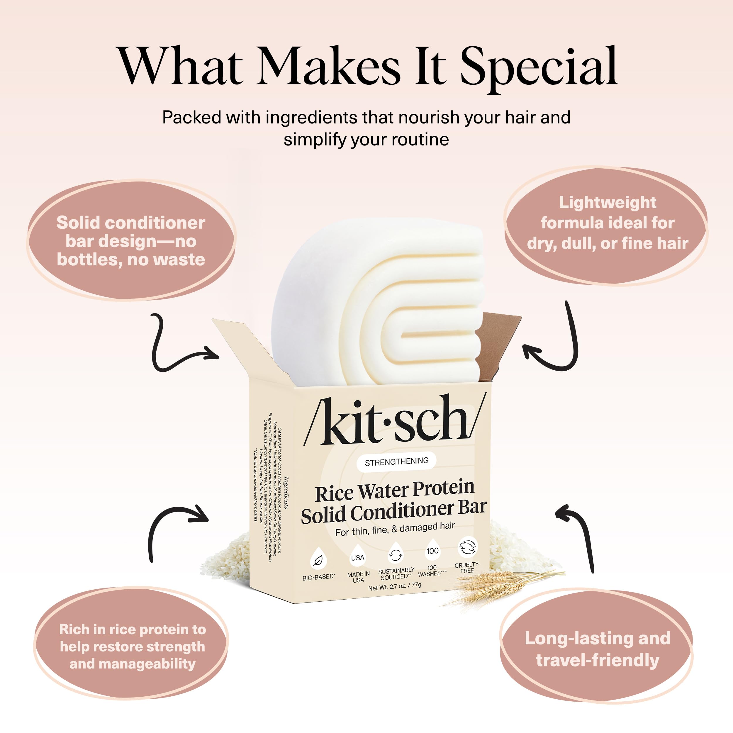 Kitsch Rice Water Conditioner Bar reduces frizz for a sleeker finish.