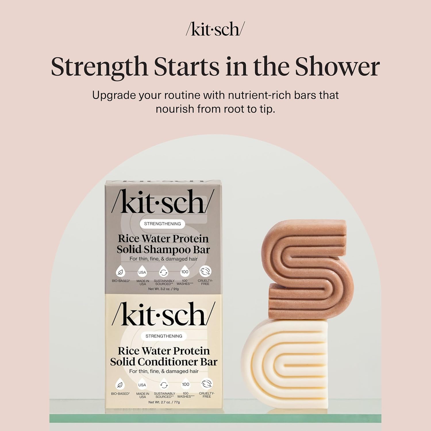 Kitsch Rice Water Conditioner Bar on towel showcases smoothing finish